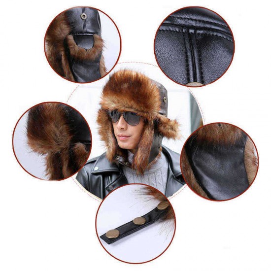 Unisex Winter Warm High-End Leather Trapper Hat Animal Hair Earmuffs Savage Cap