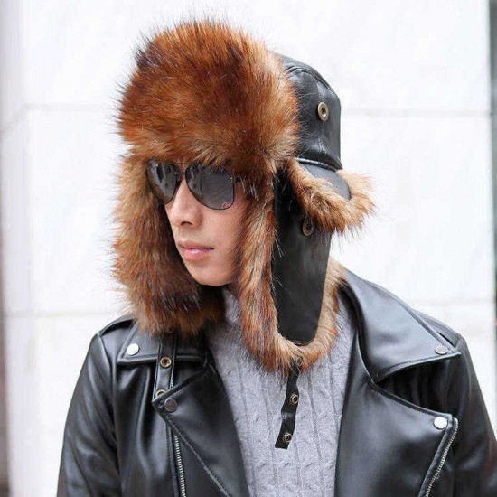 Unisex Winter Warm High-End Leather Trapper Hat Animal Hair Earmuffs Savage Cap