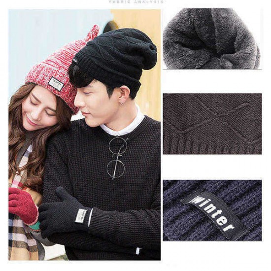 Unisex Winter Warm Thickened Velvet Liner Knitted Hat Outdoor Casual Baggy Beanie Cap