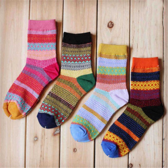 Unisex Women Men Harajuku Style Stripe Cotton Socks Design Multi-Color Mid Calf Hosiery