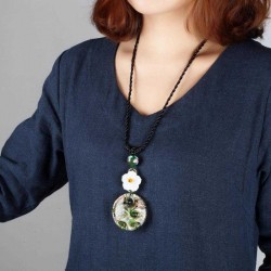 Vintage Colored Glass Necklace Long-Style Flower Necklace For Women