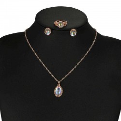 Vintage Colorful Artifical Gem Geometric Pendant Necklace Earrings Rings For Women Jewelry Set
