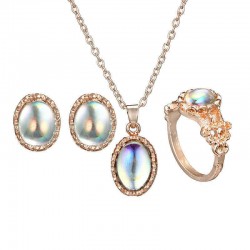 Vintage Colorful Artifical Gem Geometric Pendant Necklace Earrings Rings For Women Jewelry Set