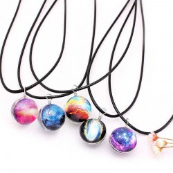 Vintage Colorful Leather Rope Galaxy Planet Star Glass Ball Pendant Women Necklace