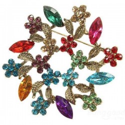 Vintage Colorful Rhinestone Crystal Wreath Leaves Flowers Brooch Pin