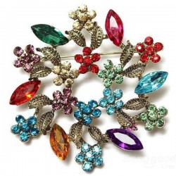 Vintage Colorful Rhinestone Crystal Wreath Leaves Flowers Brooch Pin