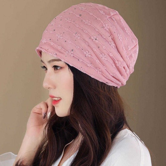 Vintage Cotton Breathable Beanie Cap Women Earmuffs Flexible Turban Cap