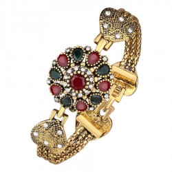 Vintage Cuff Gold Bracelet Colorful Crystal Resin Double Hearts Bangle Ethnic Jewelry for Women