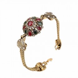 Vintage Cuff Gold Bracelet Colorful Crystal Resin Double Hearts Bangle Ethnic Jewelry for Women