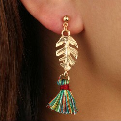 Vintage Ear Drop Earring Gold Leaf Fabric Colorful Tassels Charm Earrings Ethnic Jewelry for Women