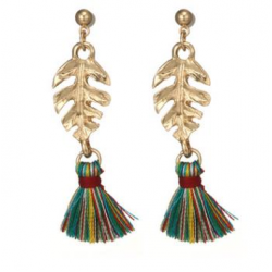 Vintage Ear Drop Earring Gold Leaf Fabric Colorful Tassels Charm Earrings Ethnic Jewelry for Women