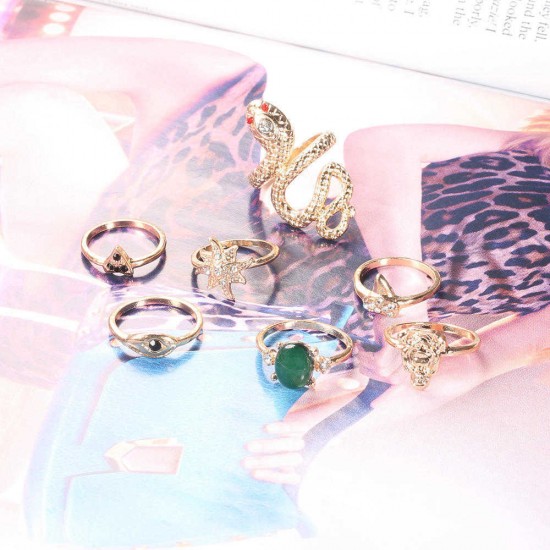 Vintage Geometric Rhinestone Ring Set Sun Flower Snake Metal Knuckle Rings Ethnic Jewelry