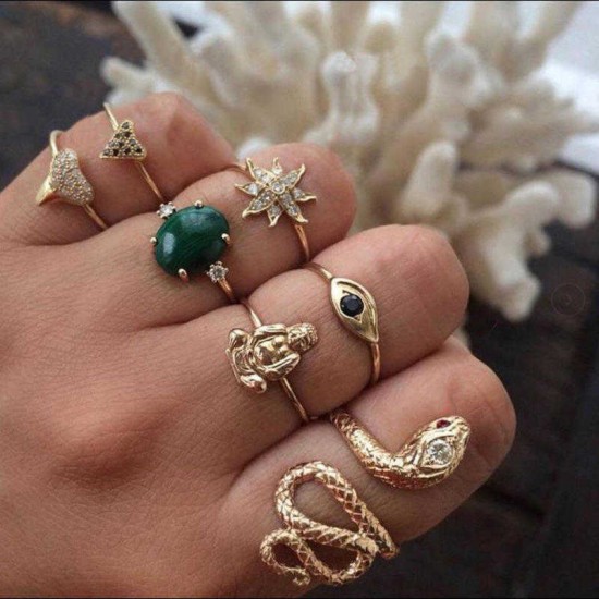 Vintage Geometric Rhinestone Ring Set Sun Flower Snake Metal Knuckle Rings Ethnic Jewelry