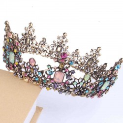 Vintage Gold Inlaid Colored Diamond Hairband Geometric Metal Rhinestone Crown Tiara Party Hair Accessories