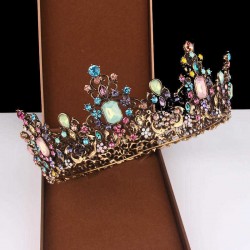Vintage Gold Inlaid Colored Diamond Hairband Geometric Metal Rhinestone Crown Tiara Party Hair Accessories