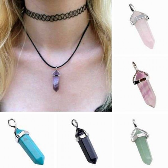 Vintage Hexagonal Pendulum Gemstone Column Quartz Pendant Necklace