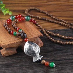 Vintage Multicolor Wood Beads Necklace Retro Long Sweater Pendant Necklace for Women