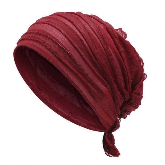 Vintage Muslim Chiffon Pleated Chemotherapy Turban Hat Casual Stripe Beanie Cap for Women