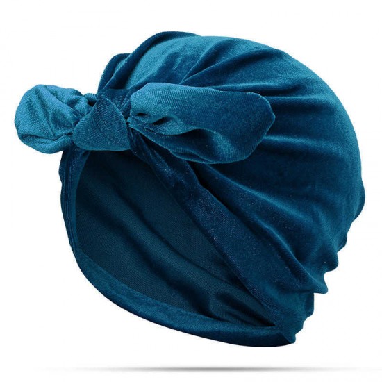 Vintage Muslim Velvet Chemotherapy Turban Hat Casual Winter Warm Beanie Cap with Bow