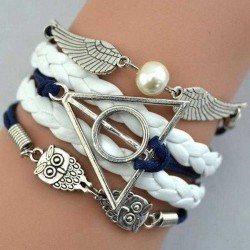 Vintage Owl Wings Triangle Pearl Multilayer Braided Leather Bracelet