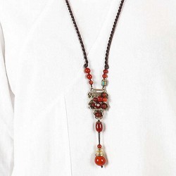Vintage Red Agate Pendant Alloy Long Necklace Ethnic Style Necklace For Women