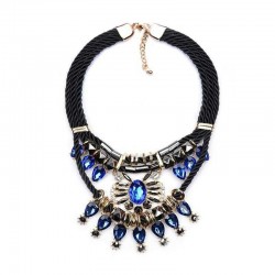 Vintage Resin Blue White Rhinestones Flower Drop Bohemian Women Necklace Chain for Her