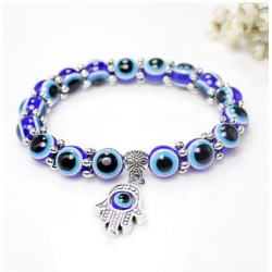 Vintage Resin Fatima Hand Blue Eyes Beads Trendy Elastic Bracelet  for Women