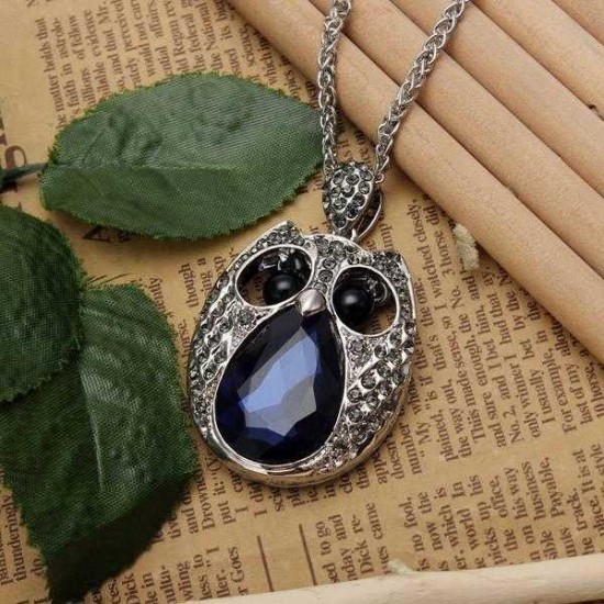 Vintage Rhinestone Hollow Beads Eyes Owl Sweater Pendant Necklace