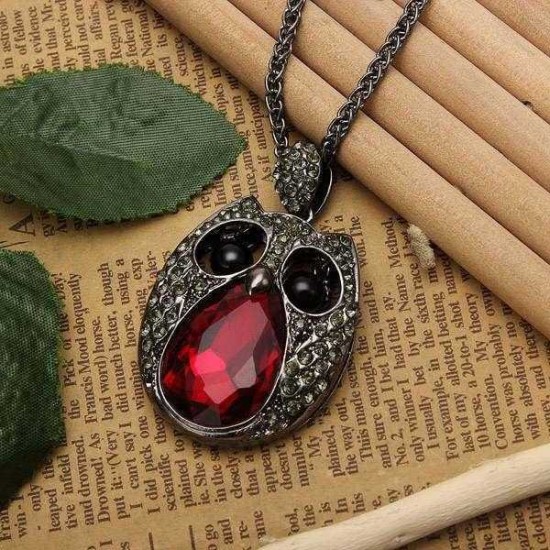 Vintage Rhinestone Hollow Beads Eyes Owl Sweater Pendant Necklace