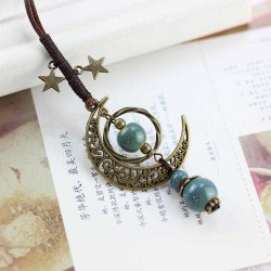 Vintage Star Moon Necklace Ethnic Ceramic Handmade Adjustable Pendant for Women