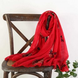 Vintage Summer Women Linen Floral Printting Embroidery Scarf Outdoor Travel Flower Shawl