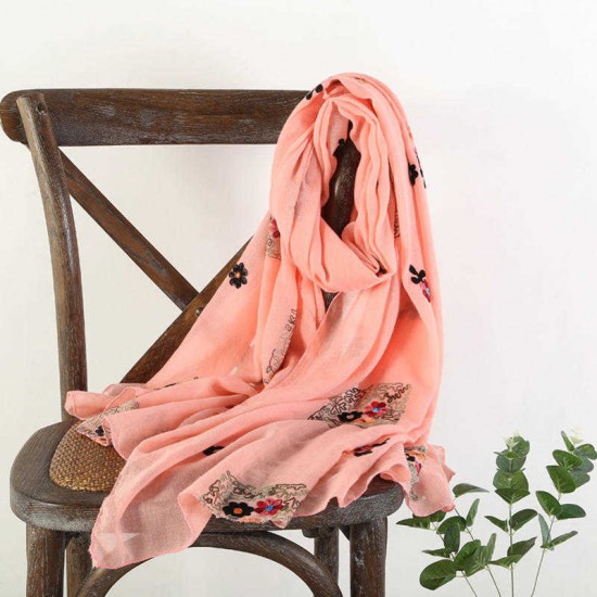 Vintage Summer Women Linen Floral Printting Embroidery Scarf Outdoor Travel Flower Shawl