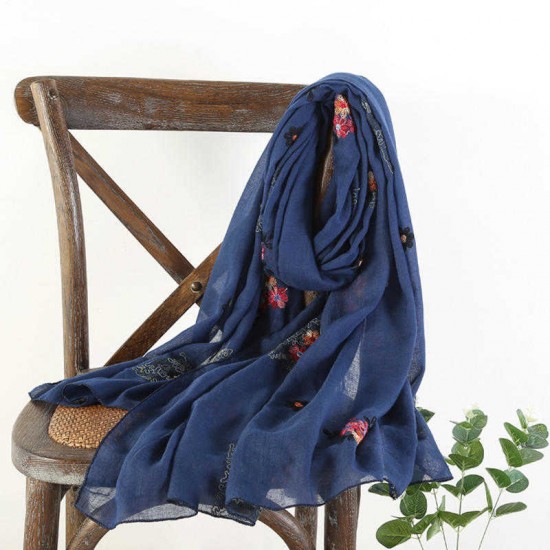 Vintage Summer Women Linen Floral Printting Embroidery Scarf Outdoor Travel Flower Shawl