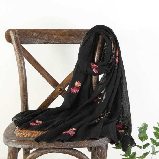 Vintage Summer Women Linen Floral Printting Embroidery Scarf Outdoor Travel Flower Shawl