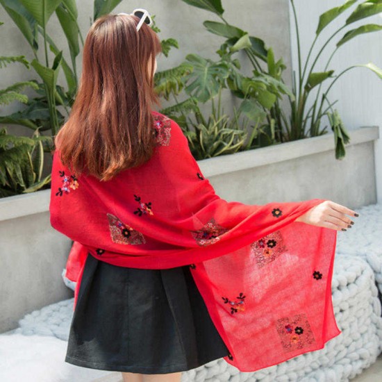 Vintage Summer Women Linen Floral Printting Embroidery Scarf Outdoor Travel Flower Shawl