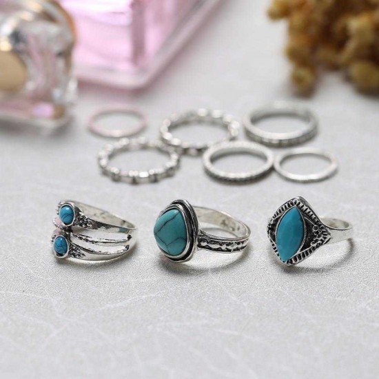 Vintage Turquoise 8 Pieces/ Set Rings Kit Retro Style Alloy Finger Joint Ring Kit For Women