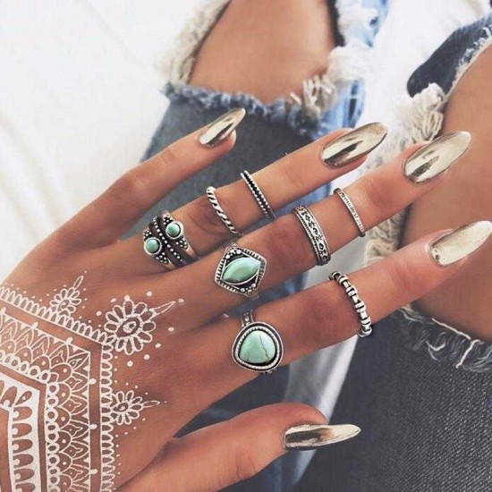 Vintage Turquoise 8 Pieces/ Set Rings Kit Retro Style Alloy Finger Joint Ring Kit For Women