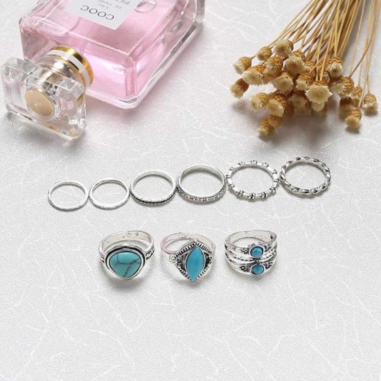 Vintage Turquoise 8 Pieces/ Set Rings Kit Retro Style Alloy Finger Joint Ring Kit For Women
