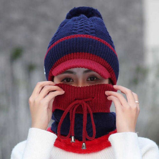 Vintage Winter Windproof Plus Velvet Knit Hat Scarf Set Women Thicken Earmuffs Ski Beanie Cap