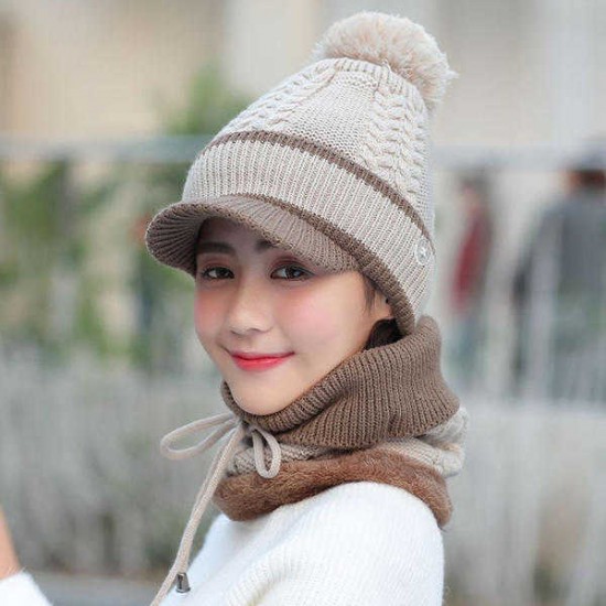 Vintage Winter Windproof Plus Velvet Knit Hat Scarf Set Women Thicken Earmuffs Ski Beanie Cap