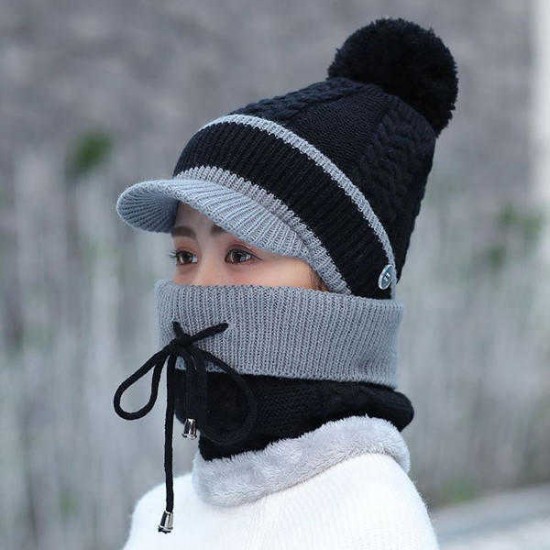 Vintage Winter Windproof Plus Velvet Knit Hat Scarf Set Women Thicken Earmuffs Ski Beanie Cap