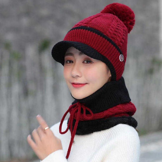 Vintage Winter Windproof Plus Velvet Knit Hat Scarf Set Women Thicken Earmuffs Ski Beanie Cap