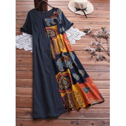 Vintage Women Printed O-Neck Short Sleeve Side Pockets Dress