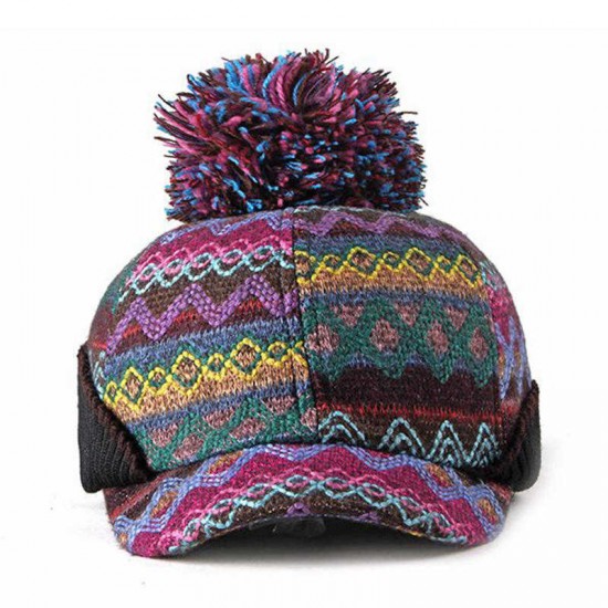 Vintage Women Winter Ethnic Knitted Hat Outdoor Thicken Earmuffs Foldable Baseball Cap