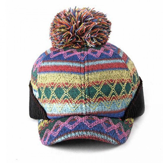 Vintage Women Winter Ethnic Knitted Hat Outdoor Thicken Earmuffs Foldable Baseball Cap