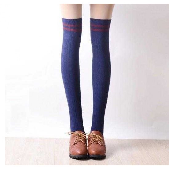 Vintage Women Winter Warm Stripes Cotton Silk Socks Extra Long Over Knee Thigh High Stockings Sock