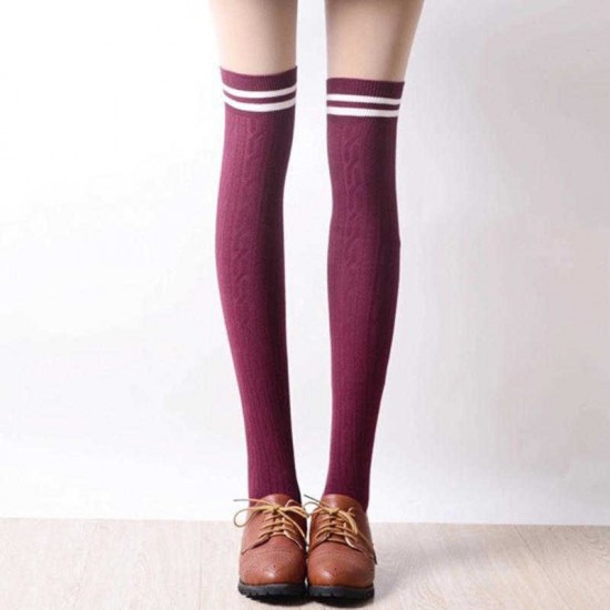 Vintage Women Winter Warm Stripes Cotton Silk Socks Extra Long Over Knee Thigh High Stockings Sock