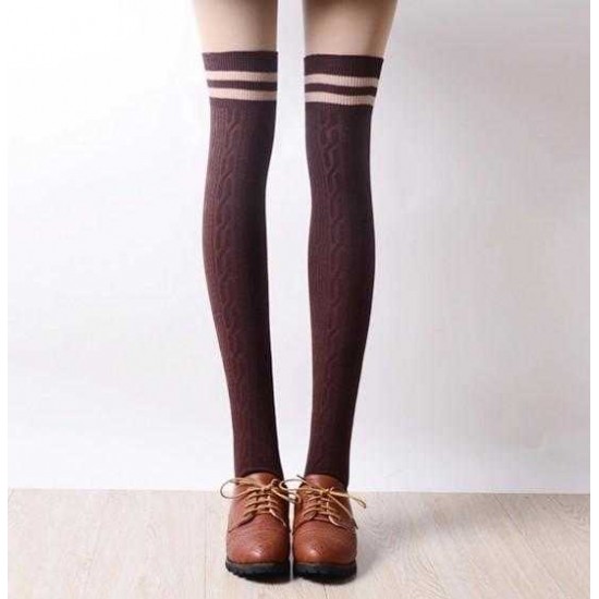 Vintage Women Winter Warm Stripes Cotton Silk Socks Extra Long Over Knee Thigh High Stockings Sock