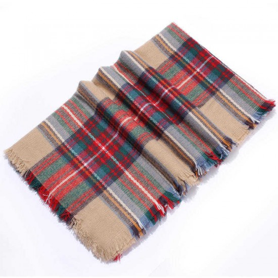 Warm Plaid Tassel Hem Soft Wrap Scarf