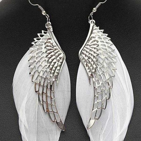 White Feather Angel Wing Dangle Earrings Ear Drop For Women